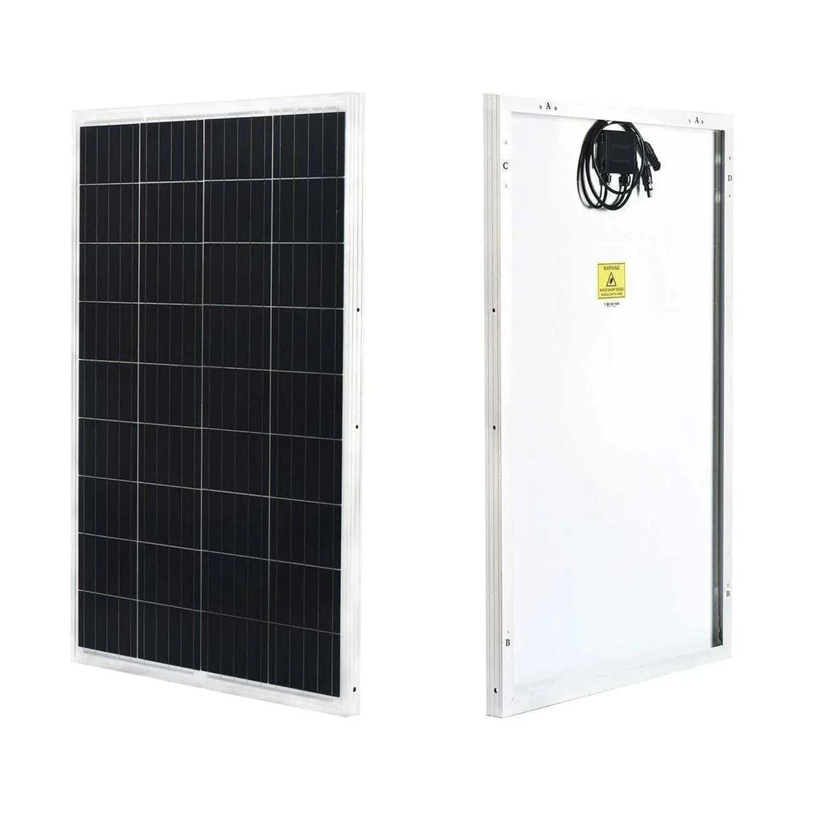 solar generator bundle featuring two black tempered glass solar panels with aluminum frames, one showing front and one back with cables
