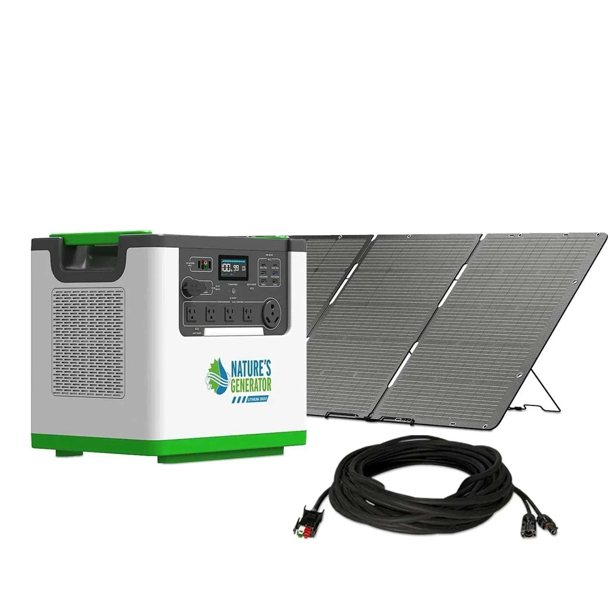 solar generator bundle featuring a white and green portable lithium power station with a digital display, two foldable grey solar panels, and a long black connecting cable