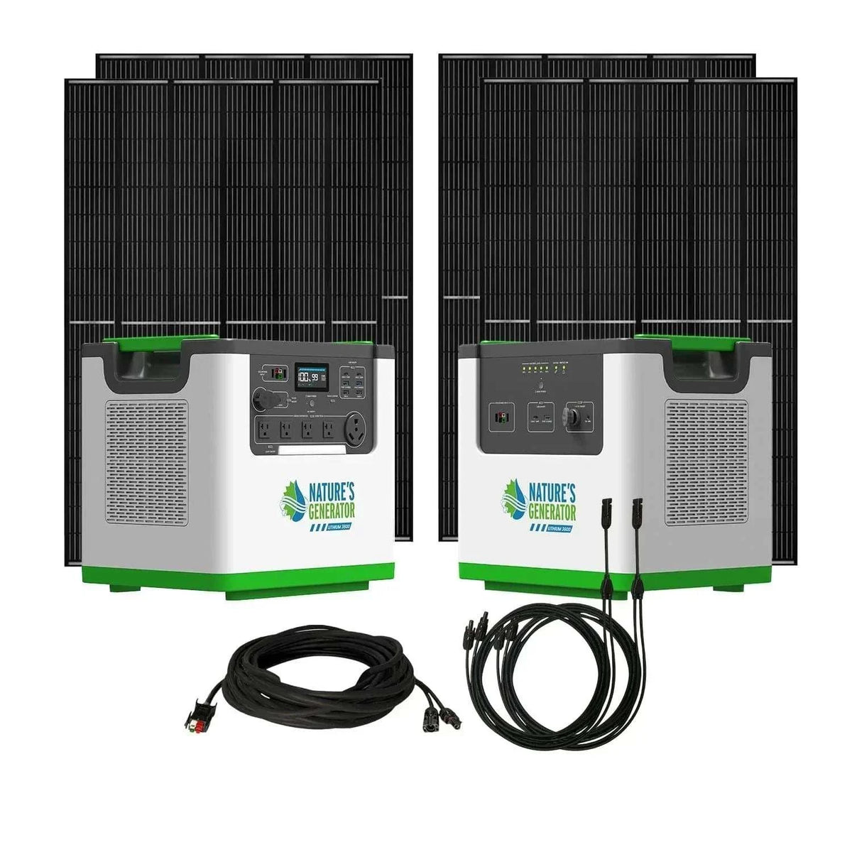 solar generator bundle with white and green portable lithium power station, two large black solar panels, and black power cables