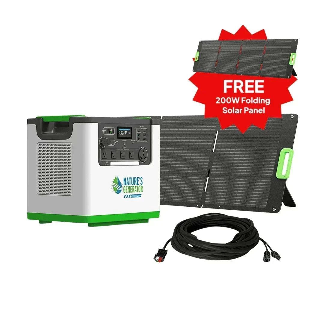 portable solar generator bundle including a white and green lithium power station with display and two black folding solar panels with green handles