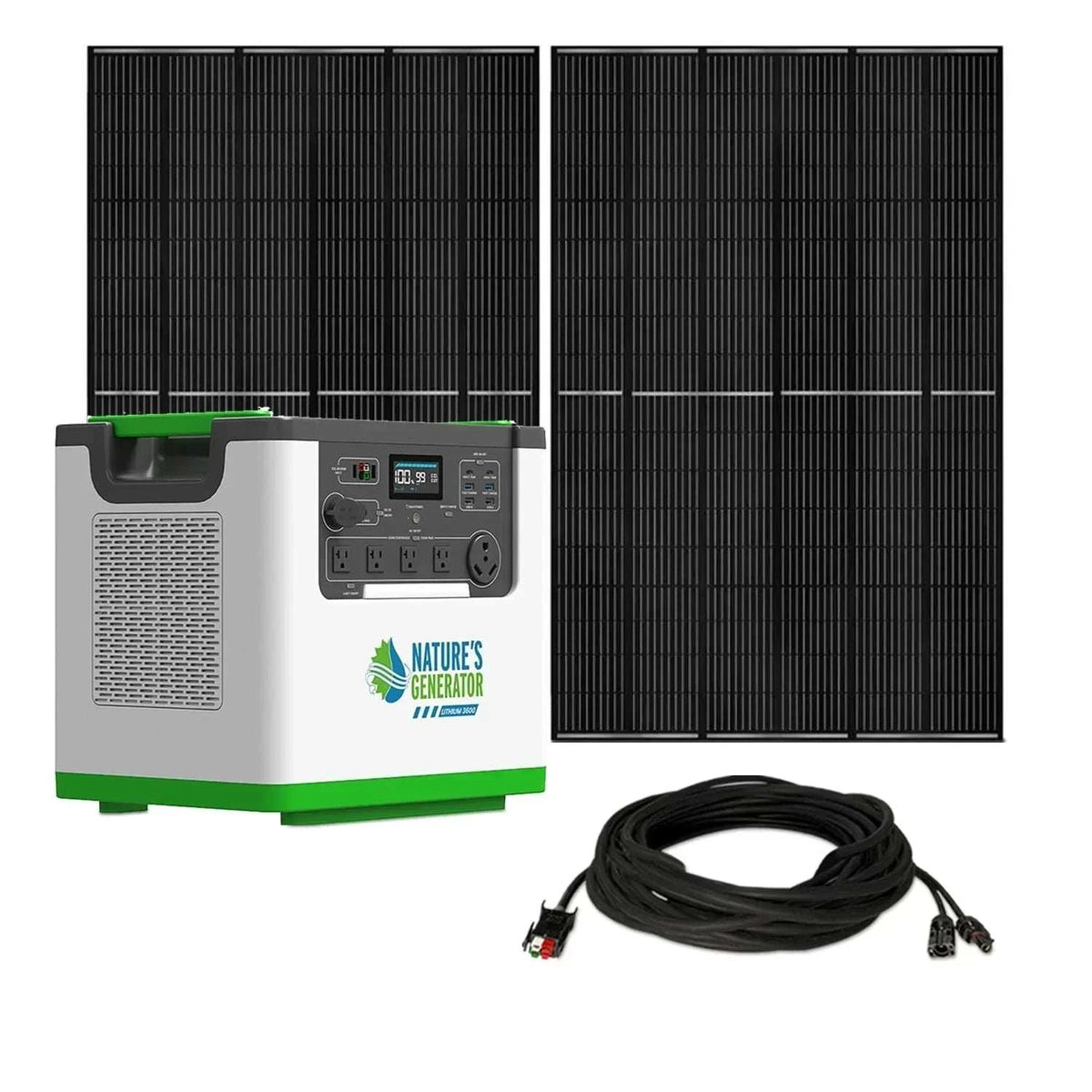 portable white and green Nature's Generator Lithium 3600 solar generator bundle with two black 410W solar panels and a black connecting cable