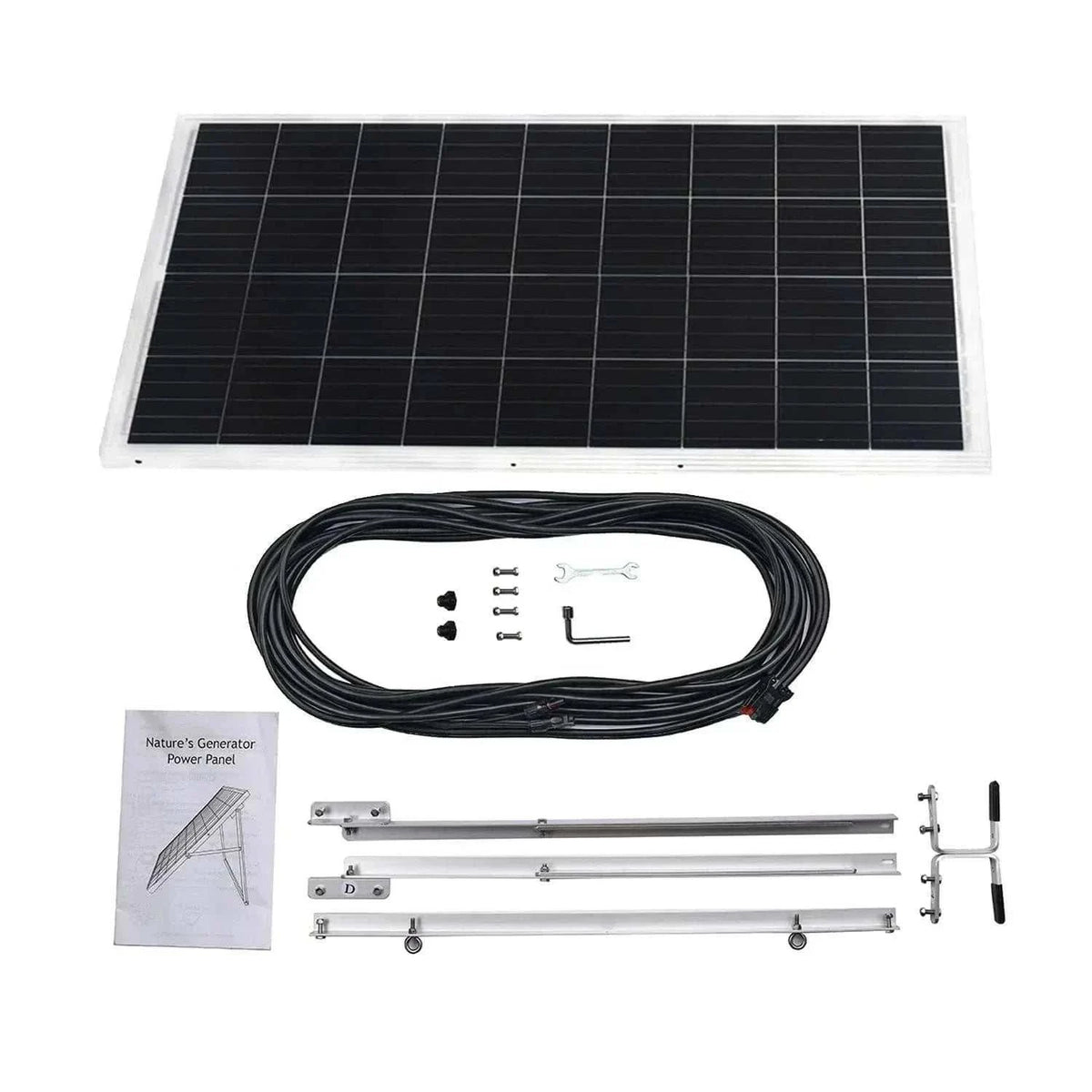 solar generator bundle featuring a black and silver polycrystalline solar panel with aluminum frame, cables, metal mounting hardware, and instruction manual