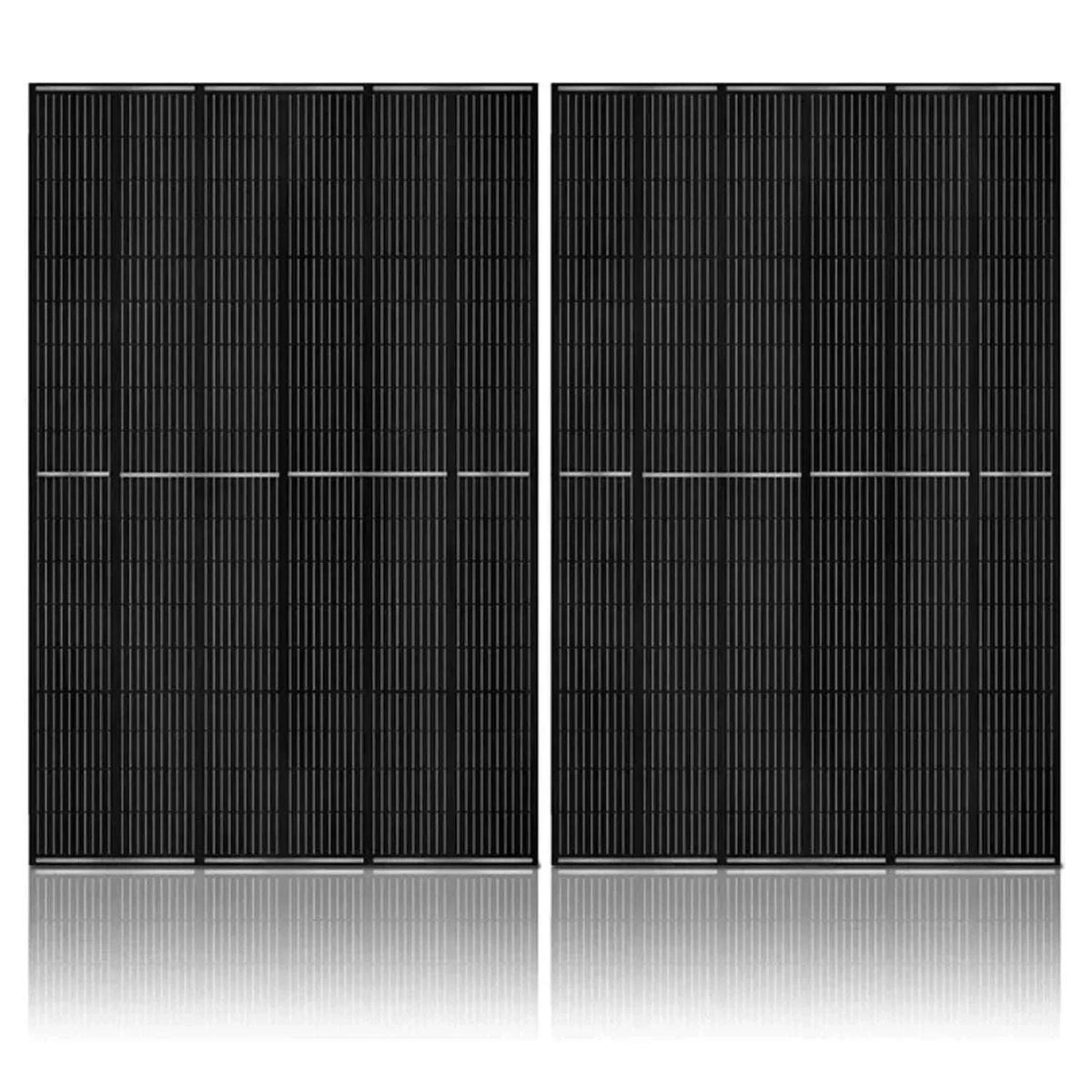 solar generator bundle featuring two large black monocrystalline solar panels with grid pattern and silver frames