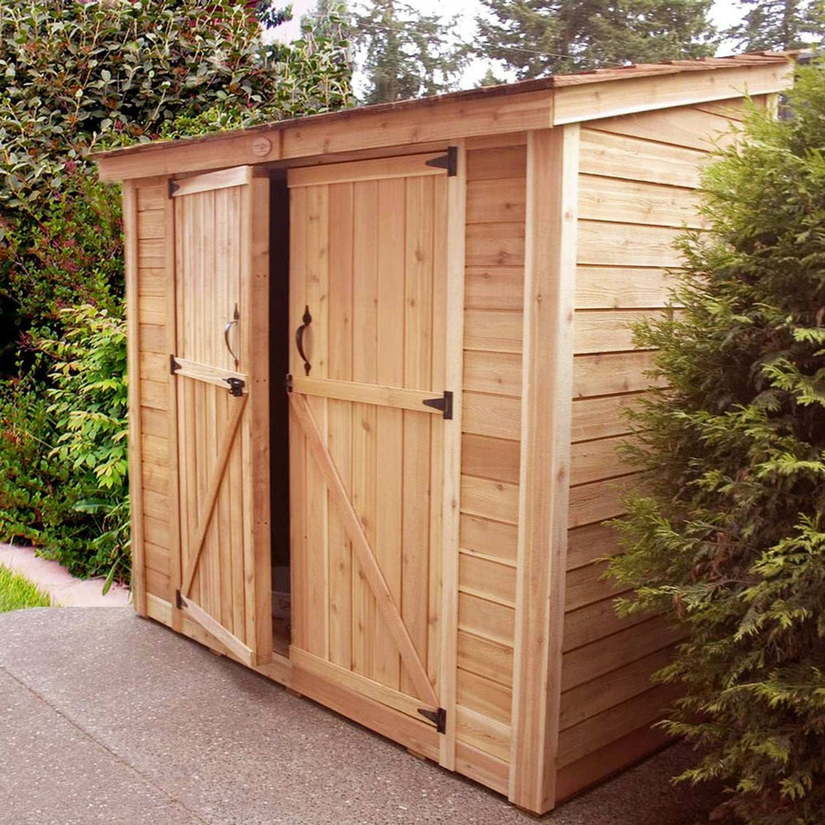 Space Saver Lean-To Shed in natural cedar with double doors, black hinges, and sloped roof