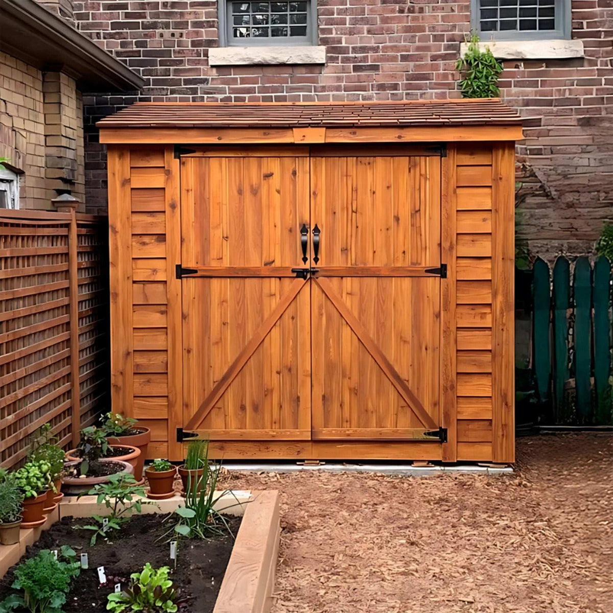 Space Saver Lean-To Shed in warm Western red cedar with wood grain, shingle roof, and double barn doors
