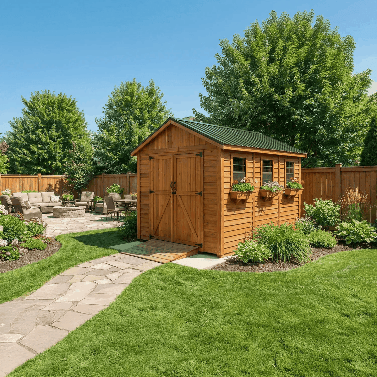 SpaceMaster Garden Shed in warm cedar wood with black metal roof, double barn doors, windows and flower boxes