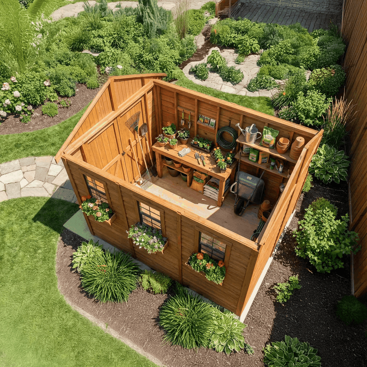 SpaceMaster Garden Shed in natural cedar with open double doors, windows, flower boxes, and garden storage shelving