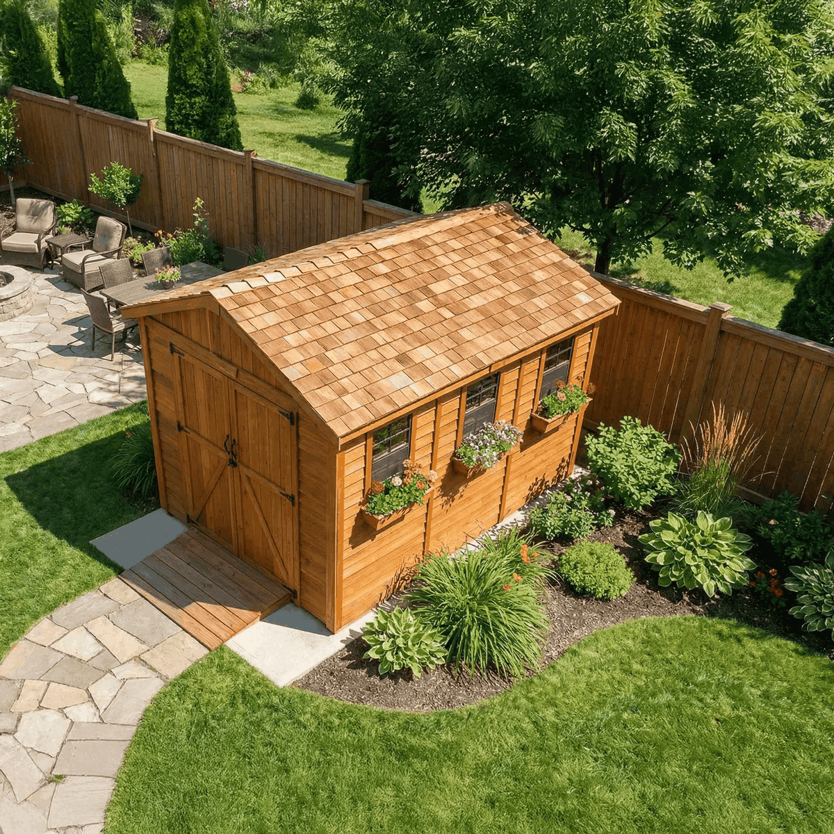 SpaceMaster Garden Shed in warm Western Red Cedar with shingle roof, double doors, windows, and flower boxes