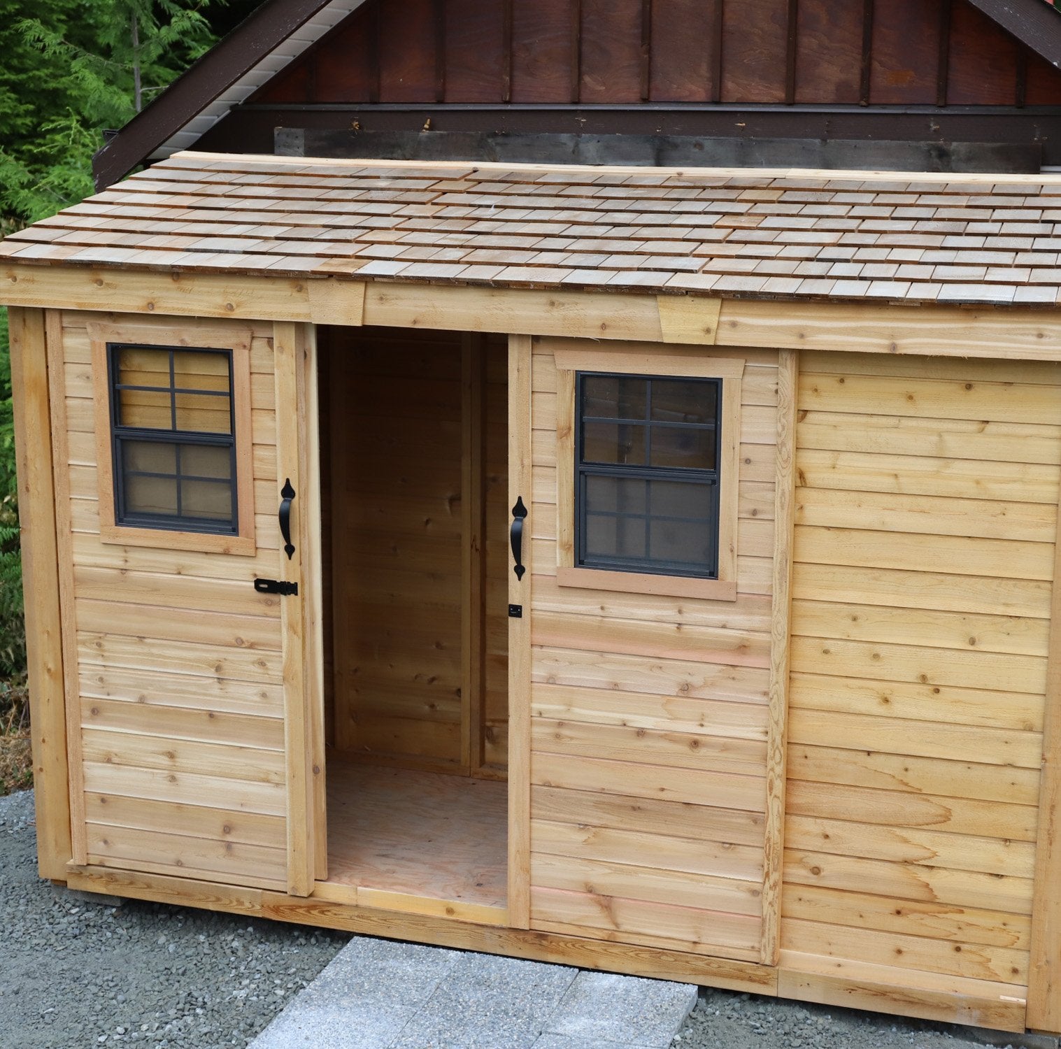 Outdoor Living Today 12x4 Western Red Cedar Spacesaver Shed Sliding Doors with Metal Roof