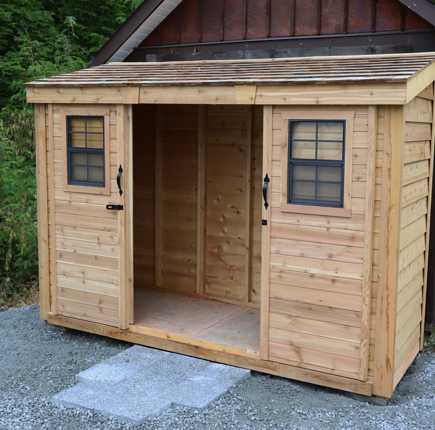 Outdoor Living Today 12x4 Western Red Cedar Spacesaver Shed Sliding Doors with Metal Roof