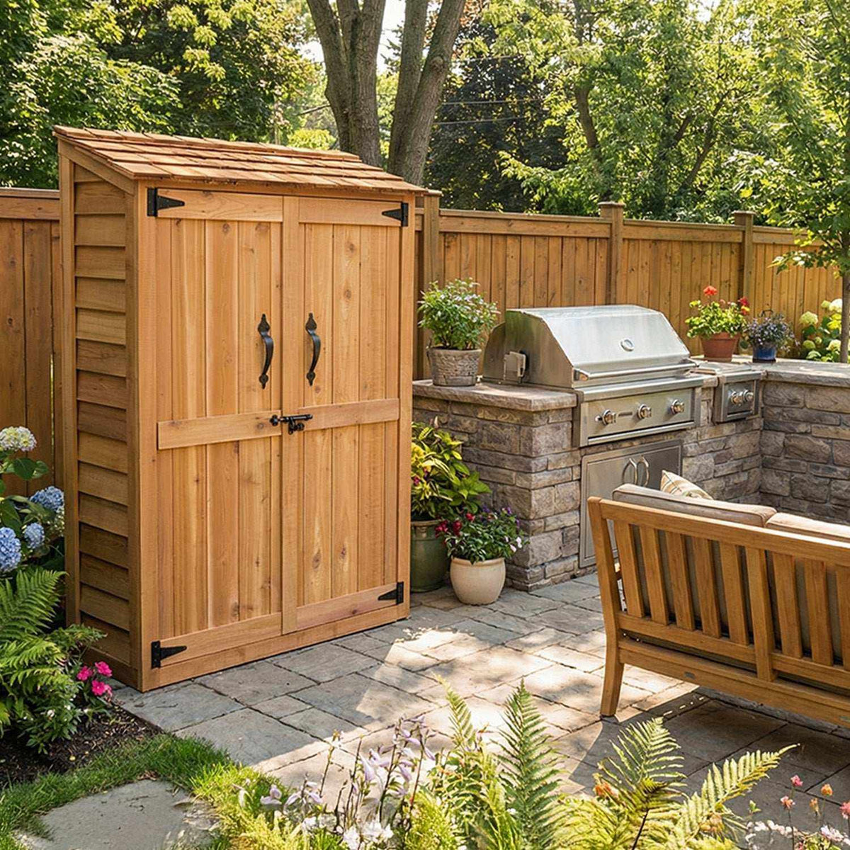 Western Red Cedar Garden Chalet compact outdoor storage shed with natural cedar wood, black metal hinges, and double doors