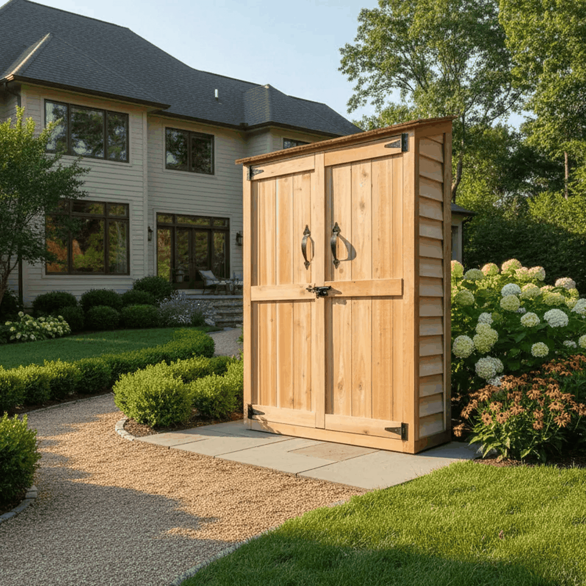 Western Red Cedar Garden Chalet with natural wood finish, double doors, black metal hinges and handles, placed on stone patio in garden