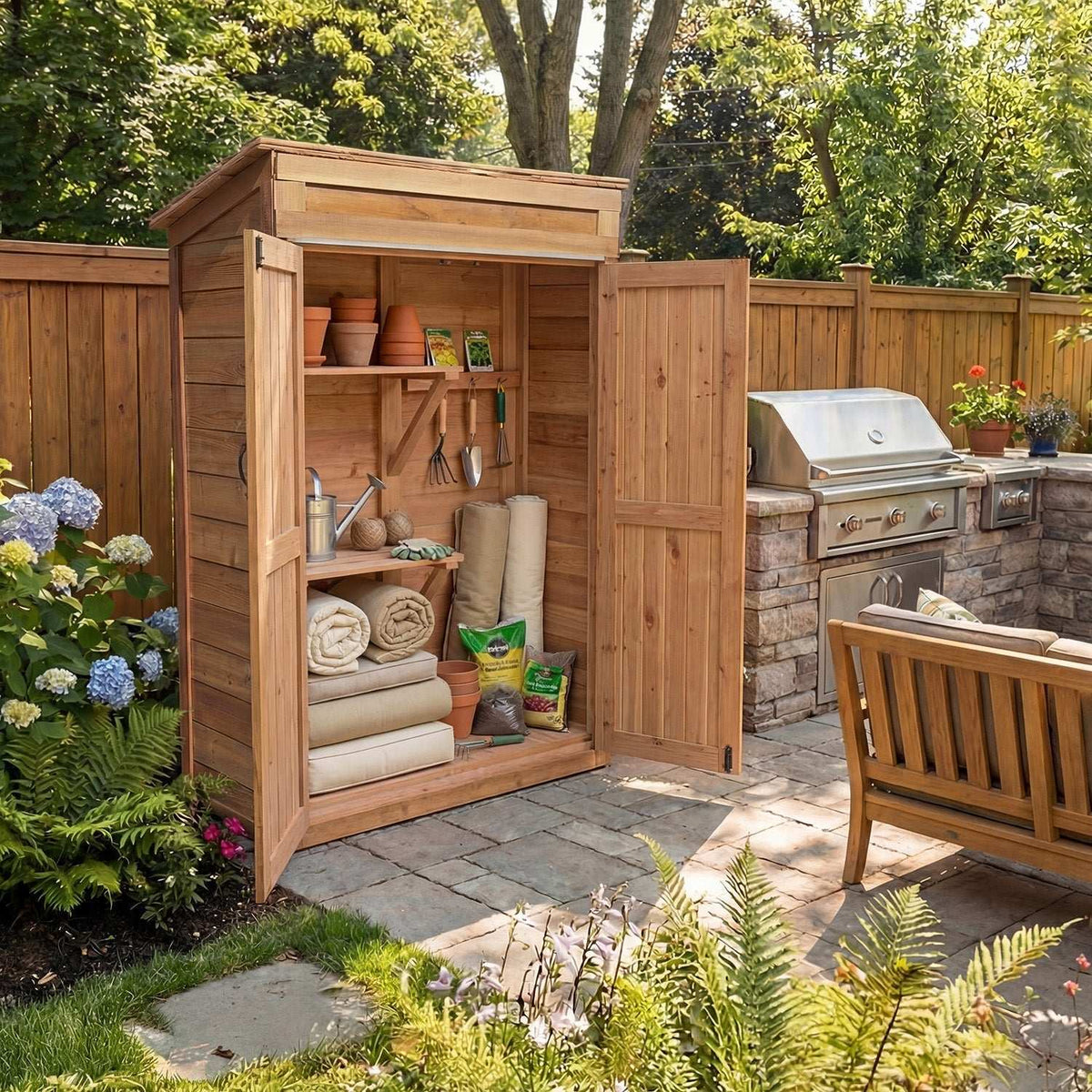 Western Red Cedar Garden Chalet with natural wood finish, double doors open revealing shelves for garden tool and supply storage in outdoor patio setting