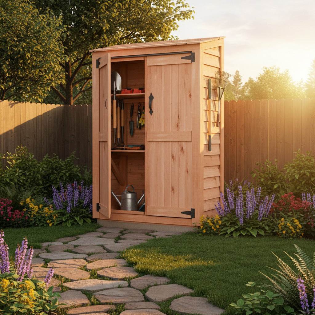 Western Red Cedar Garden Chalet small wooden outdoor storage shed with natural cedar finish, sloped roof, and open door showing garden tools inside