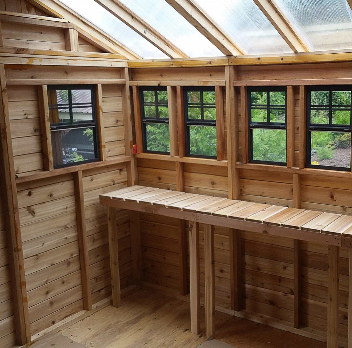 Western Red Cedar shed interior with natural wood walls, multiple black-framed windows, and built-in workbench