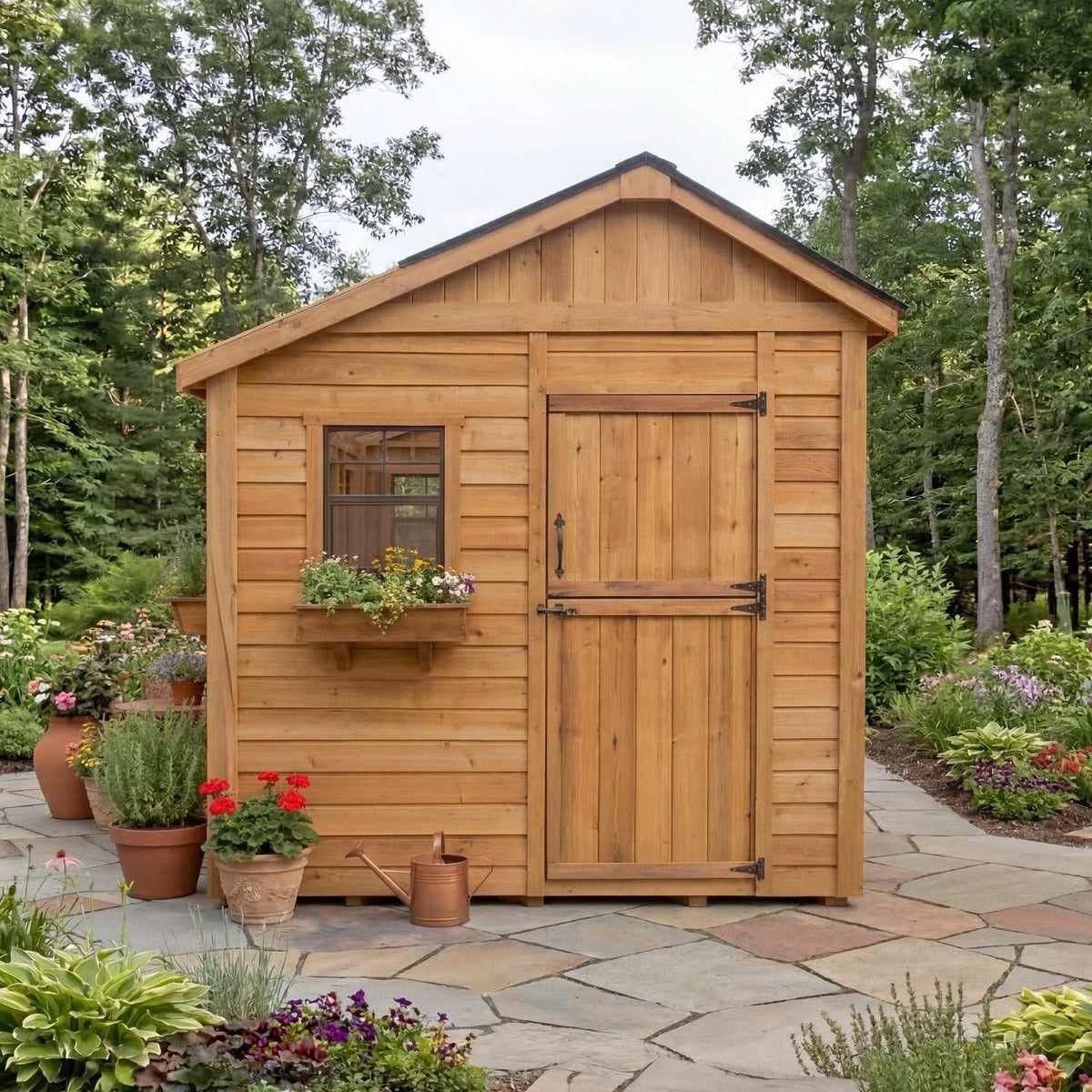 Western Red Cedar Sunshed garden shed with natural wood siding, gabled roof, Dutch door, and flower box