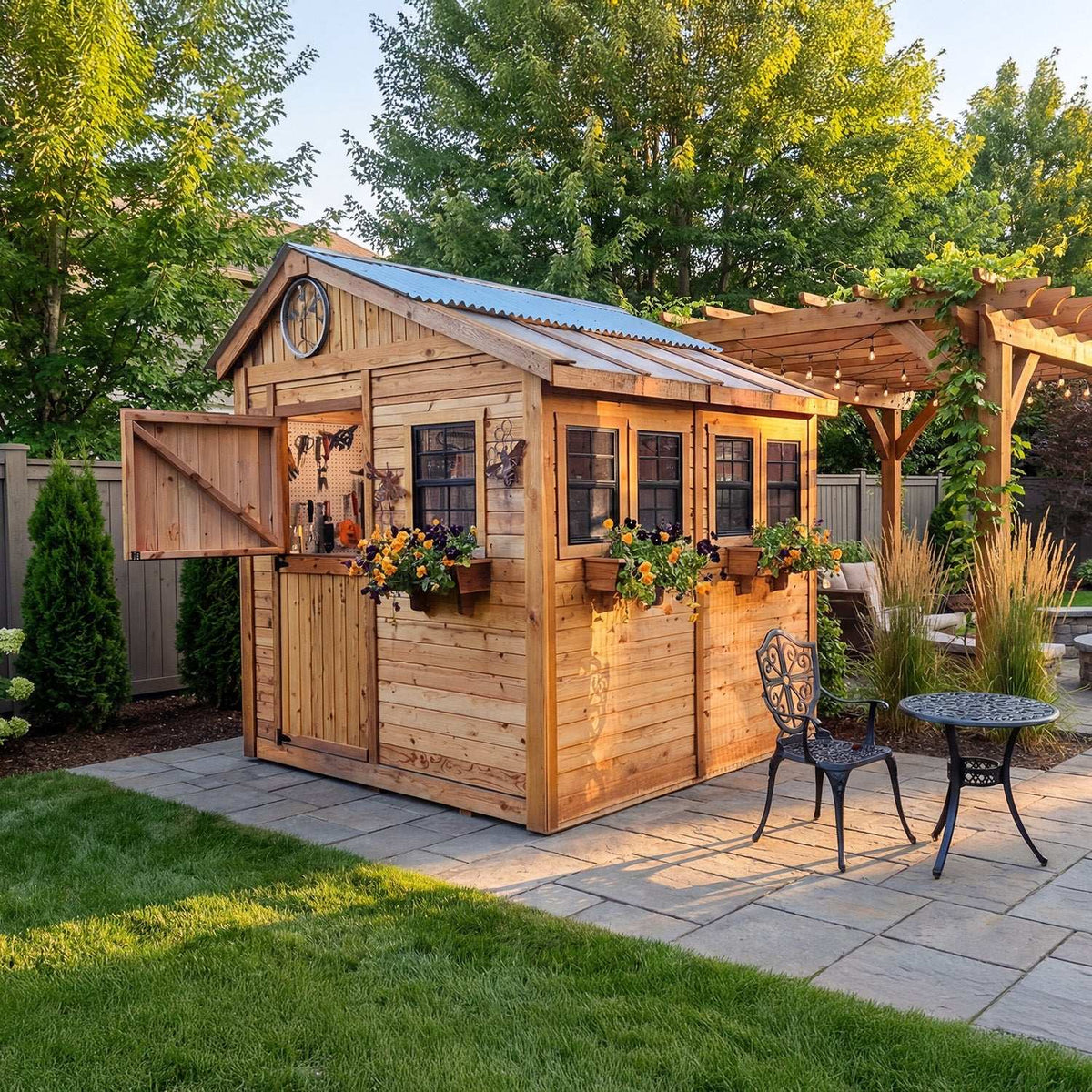 Western Red Cedar Sunshed garden shed in natural wood with windows, Dutch door, flower boxes, and metal roof