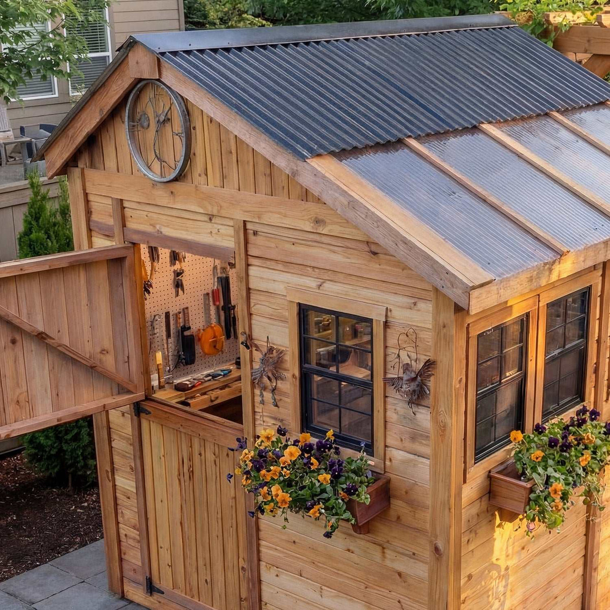 Western Red Cedar Sunshed with natural wood siding, corrugated roof, Dutch door, windows, and flower boxes